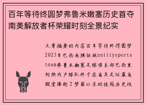 百年等待终圆梦弗鲁米嫩塞历史首夺南美解放者杯荣耀时刻全景纪实